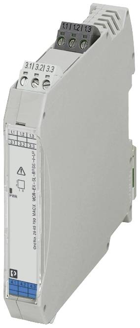 Průmyslový elektronický modul s několika připojovacími svorkami, často používaný pro řídící nebo automatizační účely. Obdélníkový tvar.