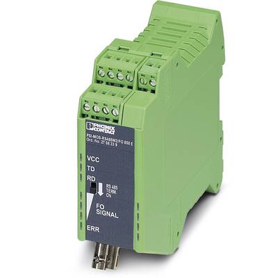 Zelený komunikační modul od Phoenix Contact s rozhraním RS-485 a stavovými LED. Číslo modelu: PSI-MOS-RS485W2/FO 850 E.