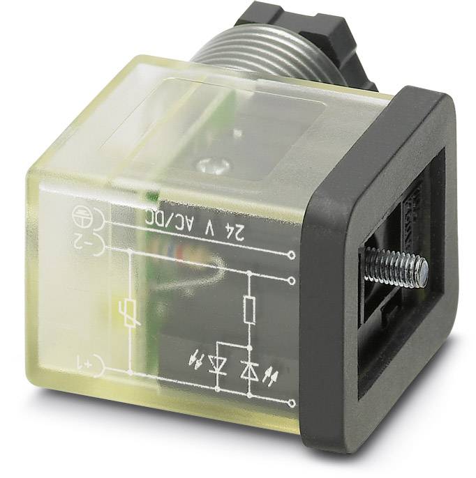 Čtvercové relé s průhledným krytem zobrazuje schematický nákres a technické symboly. Napětí je vyznačeno jako '24 V AC/DC'.