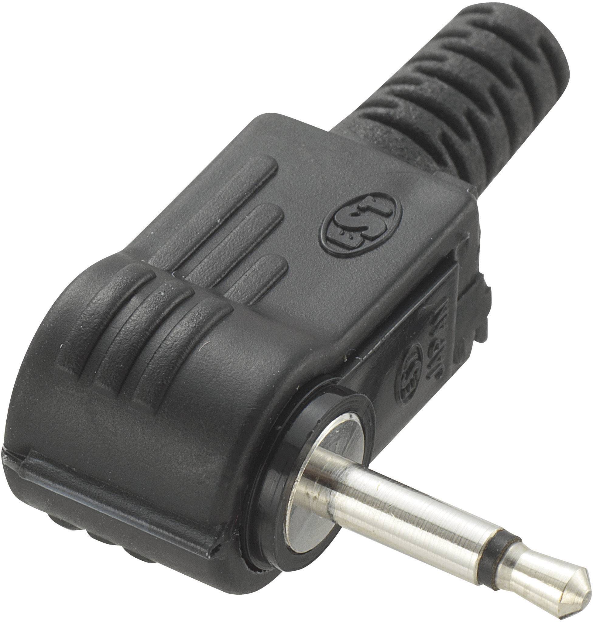 Černý 3,5mm audio jack konektor s vroubkovaným povrchem úchopových ploch a šikmým designem pro zahnutí kabelu.