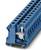 Modrý, modulární řadový svorkovnicový blok s kovovým kontaktem v detailním záběru; zobrazuje strukturu zapojení a možnosti montáže.