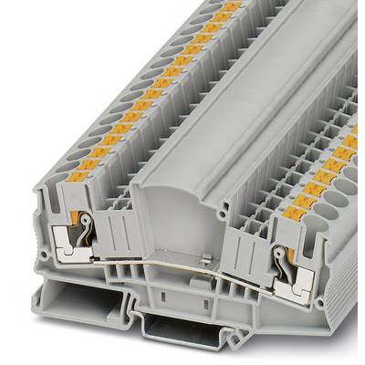 Šedá řadová svorkovnice z plastu s oranžovými ovládacími pákami, zobrazující vnitřní klemovou mechaniku. Používaná pro účely elektrického zapojení.