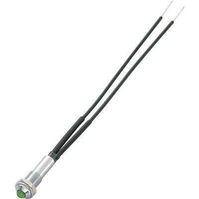 Válcový elektrický senzor se zeleným koncem a dvěma černými vodiči pro připojení, používaný k detekci objektů.