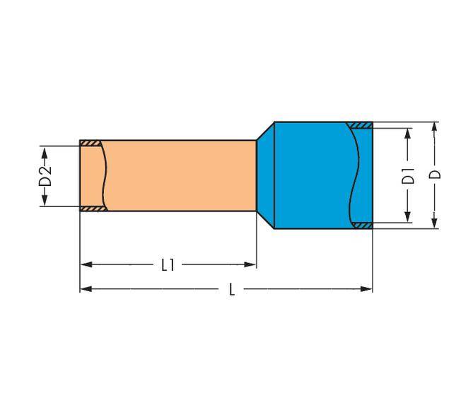 Diagram obrobku se dvěma úseky v modré a červené barvě. Rozměry: D, D1, D2, L, L1. Zobrazuje strukturu a rozměry.