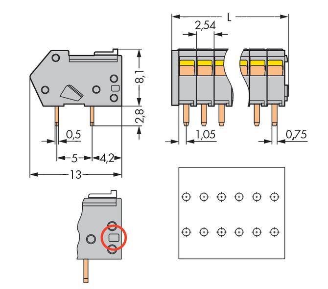 Technický výkres elektronického konektoru s rozměry v milimetrech. Pohled shora, z boku a zespodu.