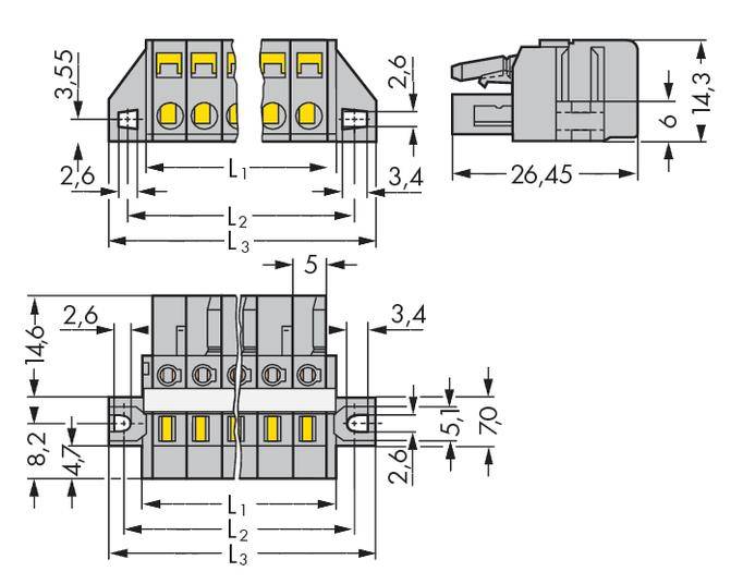 Diagram znázorňuje technické výkresy trojpólového konektoru s přesnými rozměry v milimetrech pro výšku, šířku a délku.