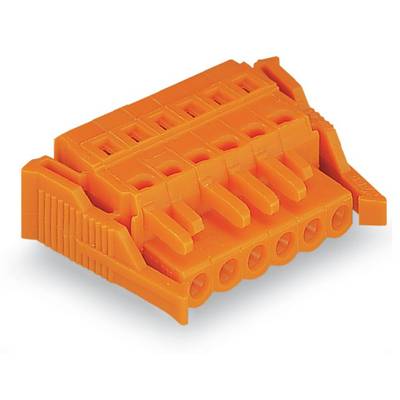 Oranžový elektrický konektor se šesti kontakty a upevňovacím mechanismem.