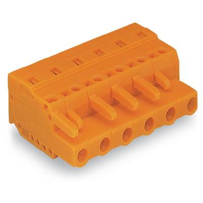 Oranžový plastový konektor s pěti kabelovými vstupy. Má obdélníkový tvar a je vhodný pro elektrické propojení.