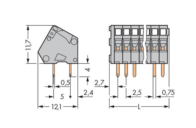Technický výkres elektrického konektoru s podrobnými rozměry; výška: 11,7 mm, šířka: 12,1 mm, rozteč pinů: 5 mm.