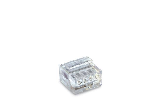 Průhledný plastový konektor obdélníkového tvaru, zobrazený na bílém pozadí. Ideální pro elektronické nebo kabelové spoje.