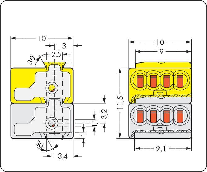 Schéma elektrické svorky s rozměry: šířka 30 mm, výška 11,5 mm, zobrazující vnitřní kontaktní body a vzdálenosti.