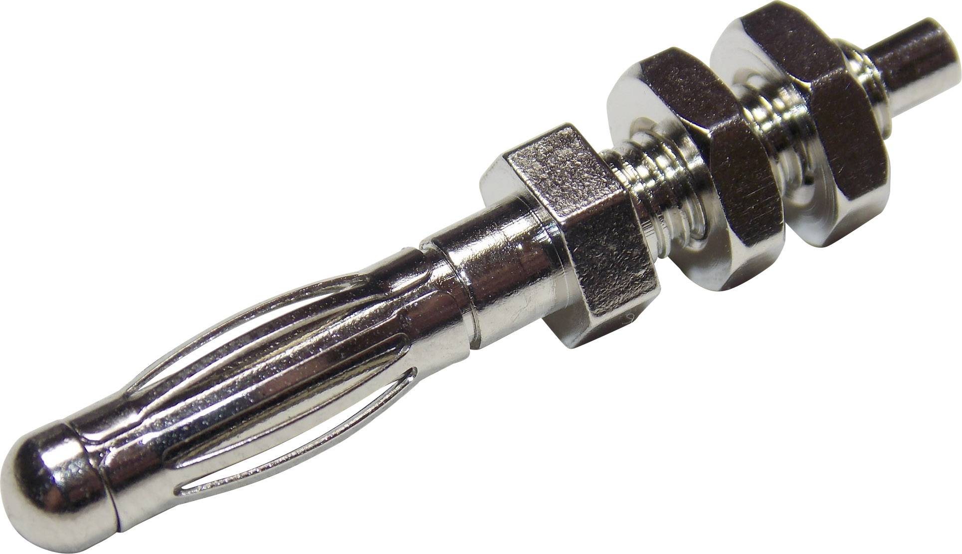 Stříbrný banánkový konektor se dvěma maticemi a vroubkovaným povrchem. Používá se k bezpečnému propojení v audio a elektronických systémech.