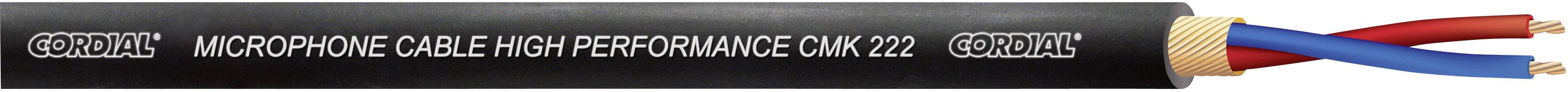 Černý mikrofonní kabel s nápisem 'Microphone Cable High Performance CMK 222' s červenými a modrými vodiči.