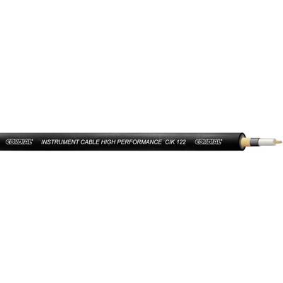 Černý nástrojový kabel s nápisem 'Cordial Instrument Cable High Performance' a částečným pohledem na měděný vodič.