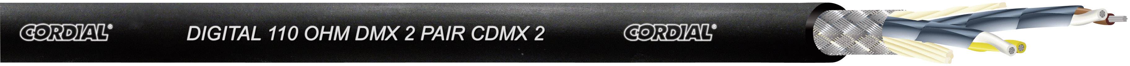 Černý kabel s nápisem 'Digital 110 Ohm DMX 2 Pair Cable'. Dva vodiče viditelné, obklopené stíněním a izolací.