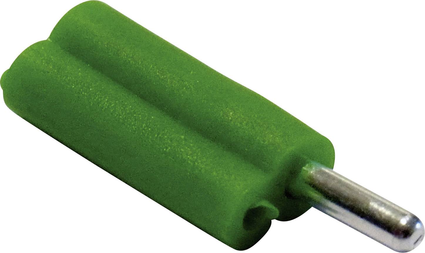 Zelený plastový konektor válcovitého tvaru se stříbrným kovovým kolíkem na konci, pravděpodobně elektrická spojka.