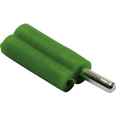 Zelený plastový konektor válcovitého tvaru se stříbrným kovovým kolíkem na konci, pravděpodobně elektrická spojka.