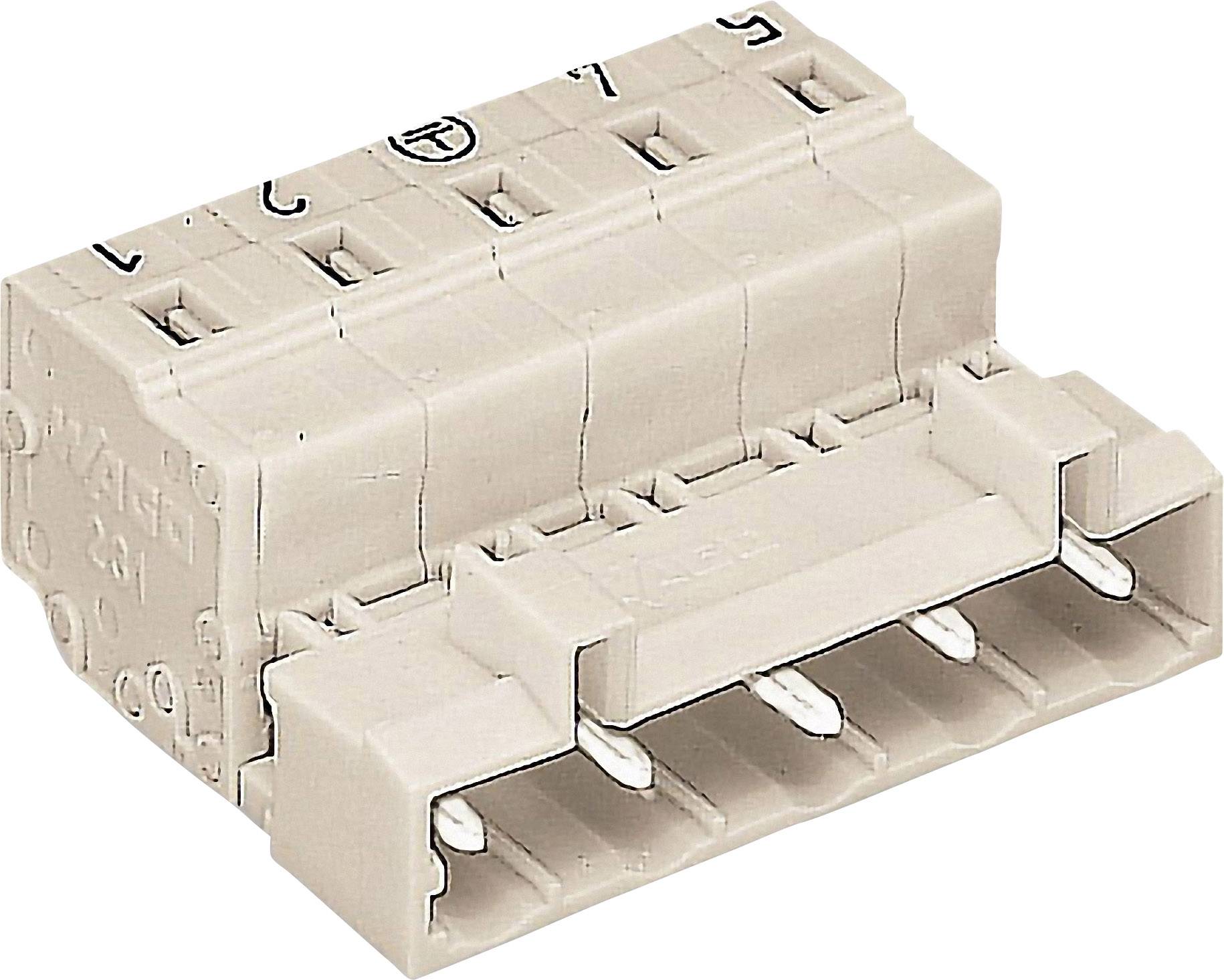Osmikolíkový béžový konektor s čísly 1 až 5 a symboly plus a mínus. Mechanické součásti jsou viditelné a je vhodný pro elektrické připojení.