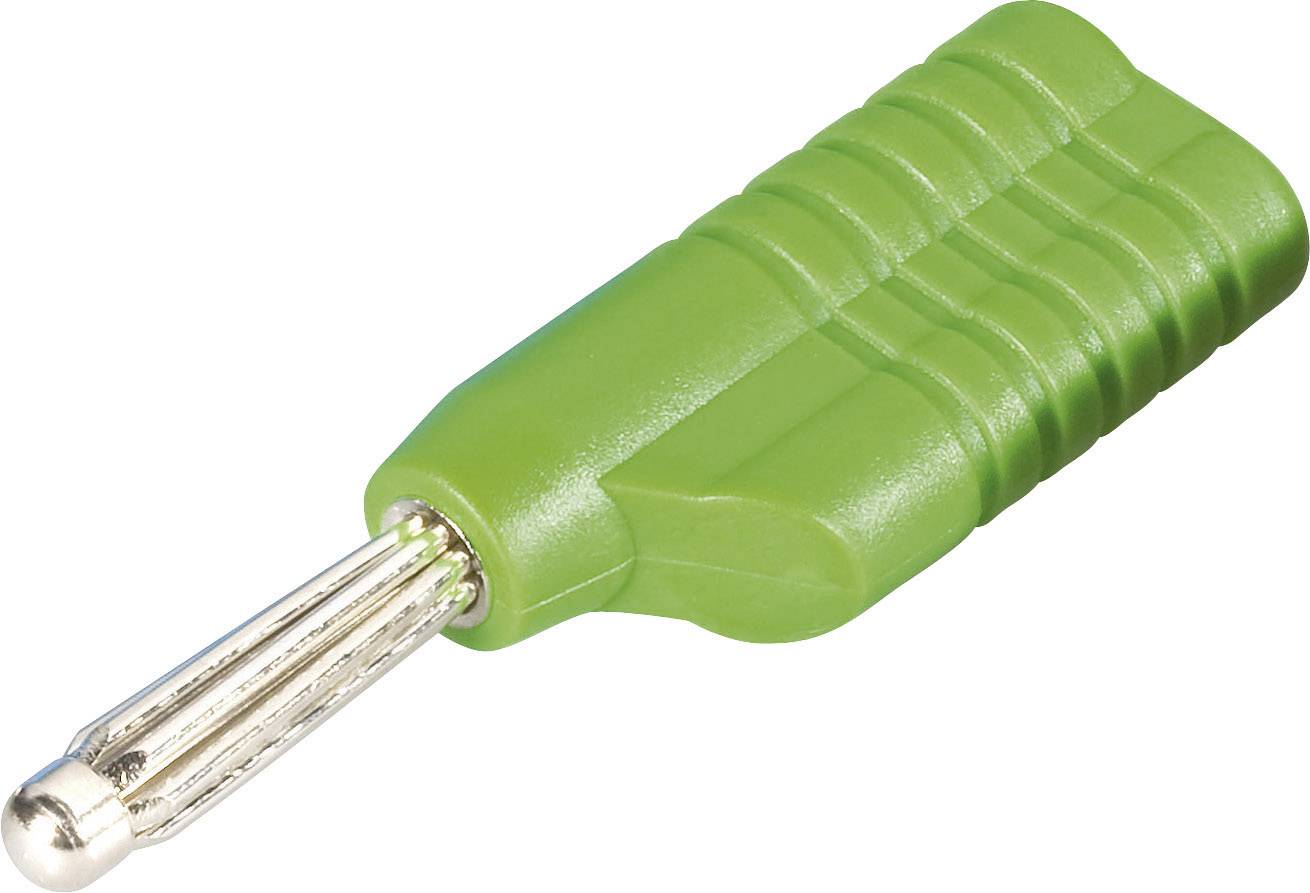 Zelený adaptér zástrčky, izolovaný, s kovovým kolíkem, pro elektrické spoje.