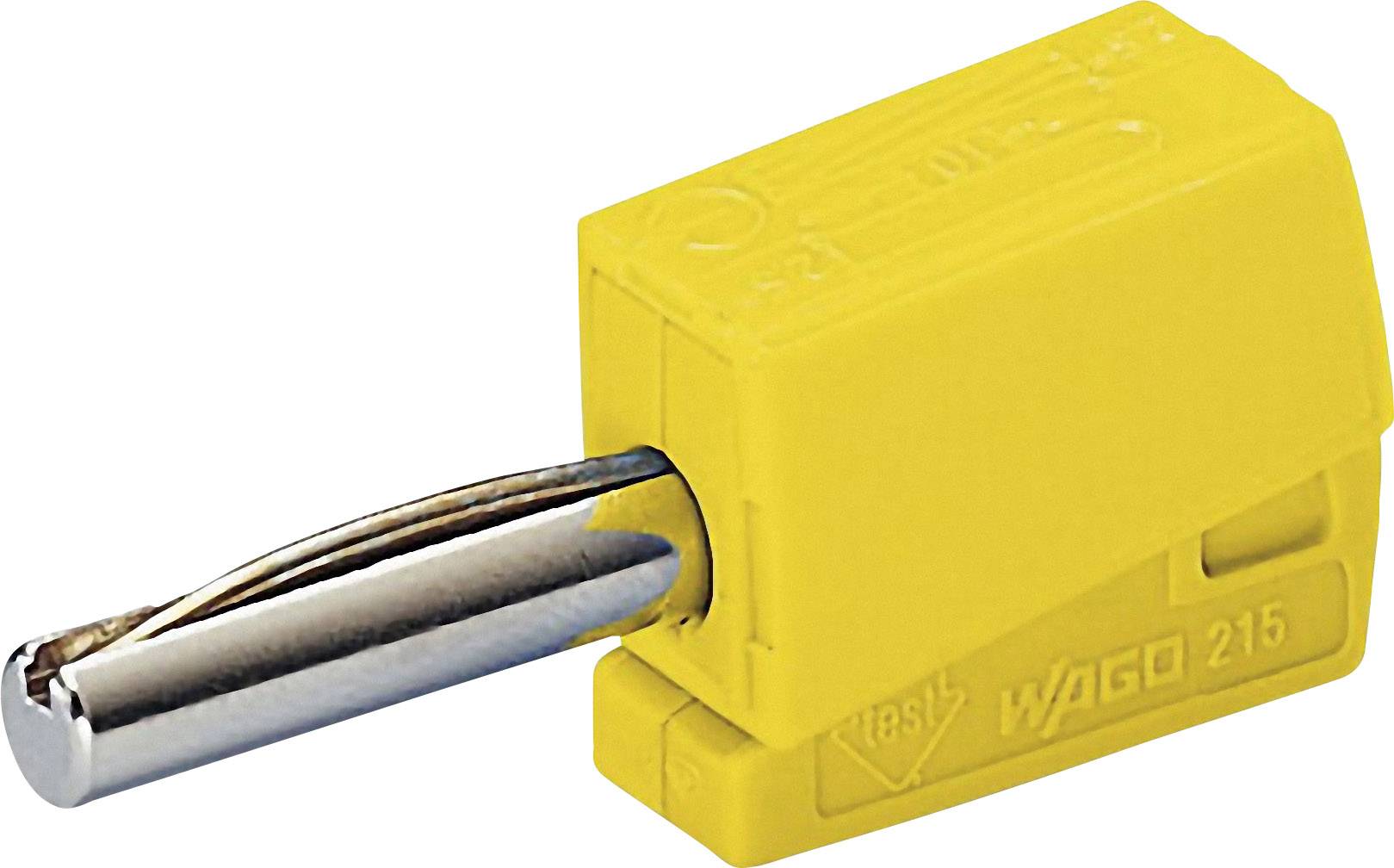 Žlutý WAGO konektor s připojeným vodičem, vhodný pro elektrické spoje.