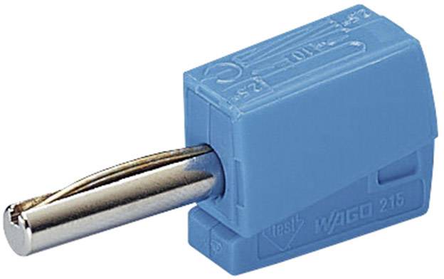 Modrý WAGO 215 konektor s kovovým kontaktem, používaný pro elektrické propojení vodičů.