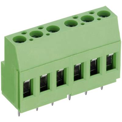Elektrický konektor se zeleným plastovým pouzdrem, pěti otvory nahoře a pěti kontakty dole.