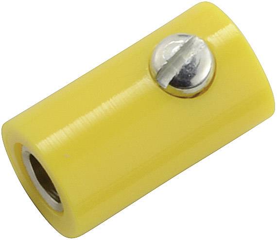 Žlutý drátový konektor, válcovitého tvaru, s kovovým šroubem pro upevnění elektrických vodičů.