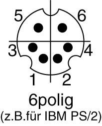 Diagram šestipólového konektoru pro IBM PS/2 s očíslovanými svorkami od 1 do 6, zobrazující polohu pinů.