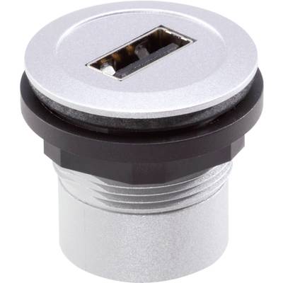 Kulatý USB port v stříbrné a černé barvě, vhodný pro vestavbu do zařízení nebo nábytku, s jedním rozhraním USB-A.
