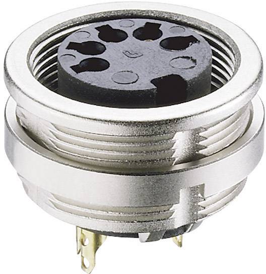 Kulatý elektrický konektor s několika kontaktními kolíky, obklopený kovovým pouzdrem.