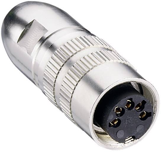 Stříbrný 5-pinový XLR konektor pro audio nebo osvětlovací techniku, zobrazující kontaktní kolíky a zajišťovací mechanismus.