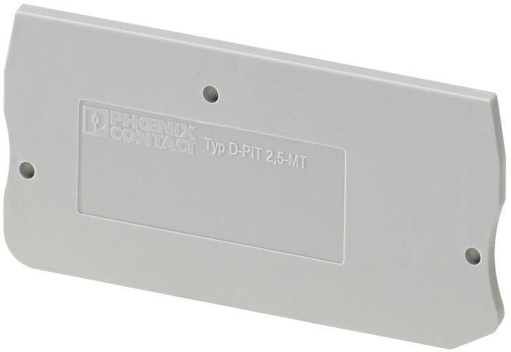 Šedá plastová součástka s nápisem 'Phoenix Contact typ D-PIT 2,5-MT'. Účel: krytí nebo izolace v elektrotechnických aplikacích.