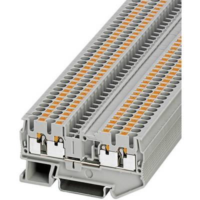 Elektrická svorkovnice v šedé barvě s oranžovými svorkami, vhodná pro propojení elektrických kabelů v rozváděčích.
