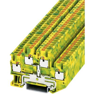 Víceřadý, žluto-zelený svorkovnicový blok z plastu v kompaktním provedení pro elektrické spoje v průmyslových aplikacích.