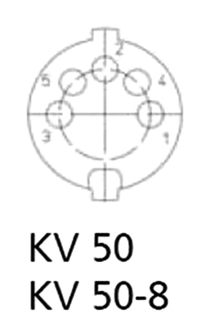 Nákres kruhového konektoru s osmi očíslovanými kontakty. Pod nákresem je napsáno 'KV 50' a 'KV 50-8'.