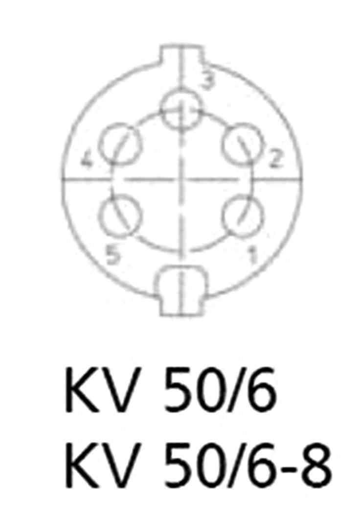 Diagram kruhového konektoru s pěti očíslovanými kontaktními místy, označený štítky 'KV 50/6' a 'KV 50/6-8'.