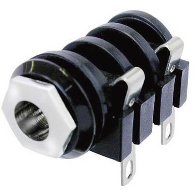 Černý čtyřpólový audio jack konektor s kovovými kontakty a šroubovací přírubou. Vhodný pro instalaci do elektronických zařízení.