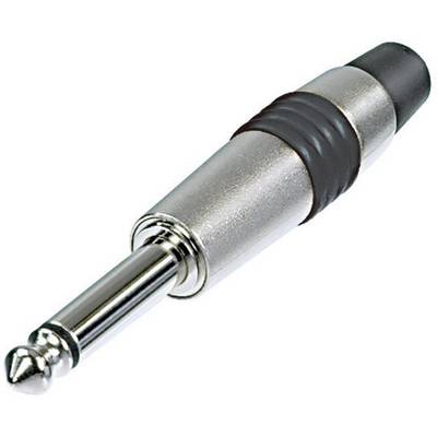 Stříbrný 6,3mm jack konektor s černým izolačním kroužkem, často používaný pro audio připojení, na bílém pozadí.