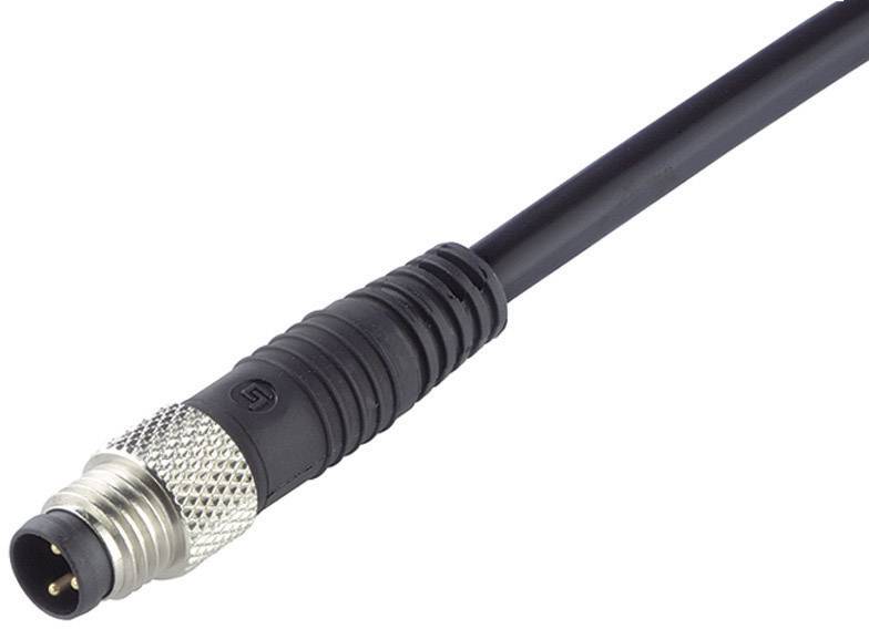 Černý kabel s stříbrným, žebrovaným konektorem na jednom konci, který se používá pro průmyslové aplikace.