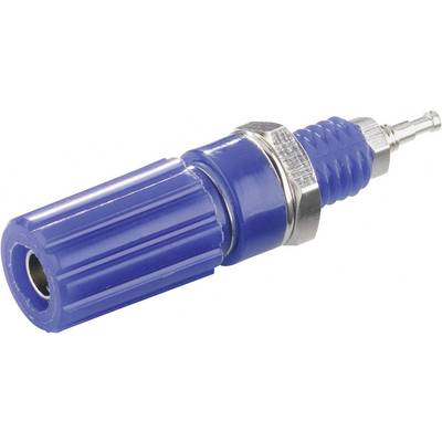 Modrý keramický kondenzátor s kovovým vývodem, používaný pro ukládání elektrické energie v elektronických obvodech.