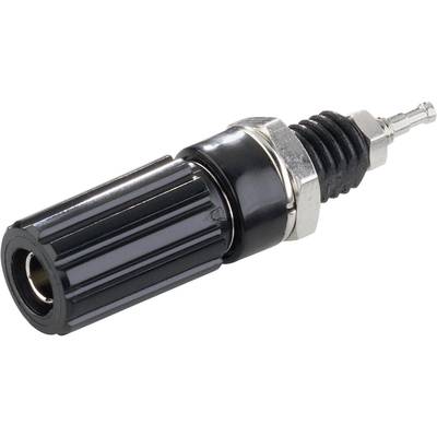 Černý banánový konektor s kovovým závitem a pružinovým mechanismem, používaný pro bezpečné propojení v elektrických obvodech.
