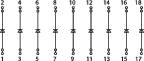 Série abaků s rozdělenými tyčemi a korálky znázorňující matematické výpočty.