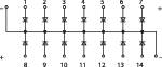 Diagram elektrického obvodu s několika spínači a svorkami zobrazující sériové zapojení.