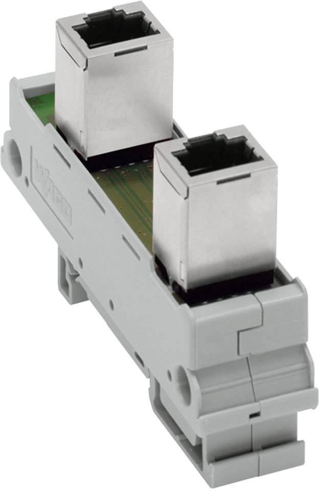 Dvouportový RJ45 adaptérový modul na DIN lištu, vhodný pro průmyslové síťové aplikace.