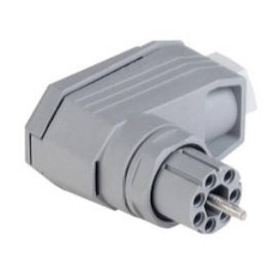 Šedý šestihranný konektor se sedmi kulatými vstupy, vhodný pro elektrické připojení zařízení.