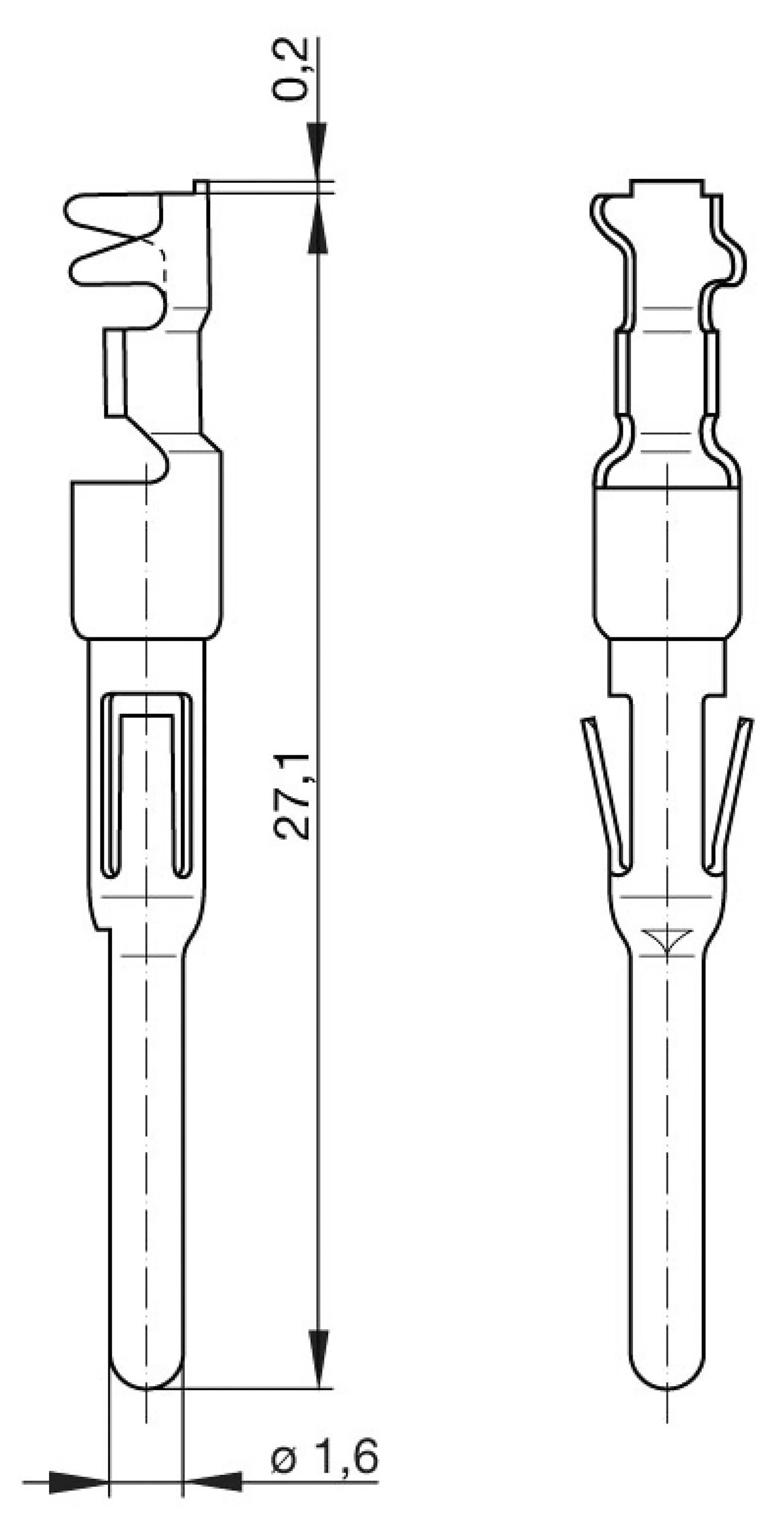 Technický výkres kontaktu konektoru. Znázorňuje délku 27,1 mm a dva průměry: 0,2 mm nahoře, 1,6 mm dole.