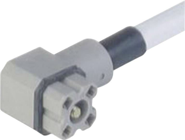 Detailní záběr šedého úhlového konektoru s bílým kabelem. Konektor má kulaté otvory a je určen pro elektronická propojení.