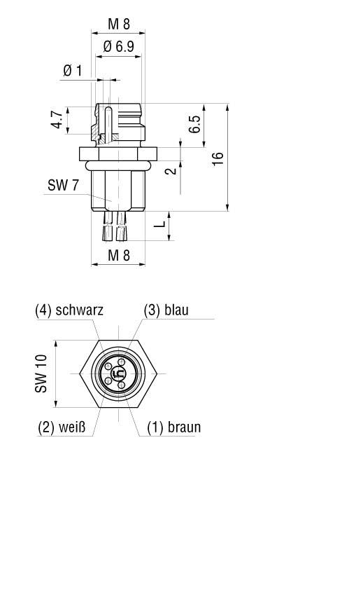 Konektor - schéma: M8 závit, průměr 6,9, 4-pinové zapojení: (1) hnědá, (2) bílá, (3) modrá, (4) černá.