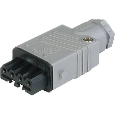 Šedý, obdélníkový elektrický konektor se čtyřmi svorkami a šroubovým spojem pro bezpečné připojení kabelu.