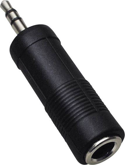 Černý audio adaptér s 3,5mm konektorem a zdířkou, vhodný pro připojení sluchátek.